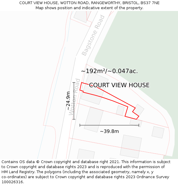 COURT VIEW HOUSE, WOTTON ROAD, RANGEWORTHY, BRISTOL, BS37 7NE: Plot and title map