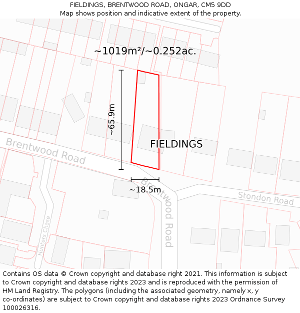 FIELDINGS, BRENTWOOD ROAD, ONGAR, CM5 9DD: Plot and title map