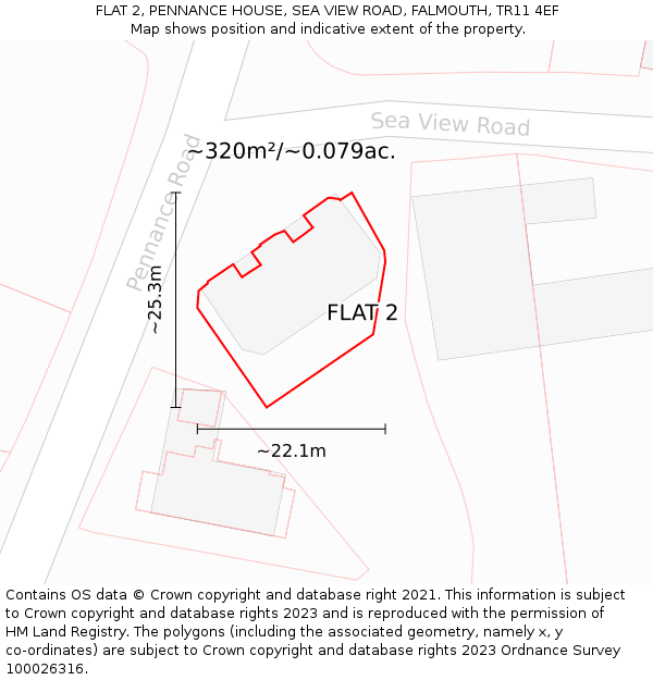 FLAT 2, PENNANCE HOUSE, SEA VIEW ROAD, FALMOUTH, TR11 4EF: Plot and title map