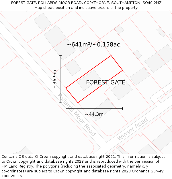 FOREST GATE, POLLARDS MOOR ROAD, COPYTHORNE, SOUTHAMPTON, SO40 2NZ: Plot and title map