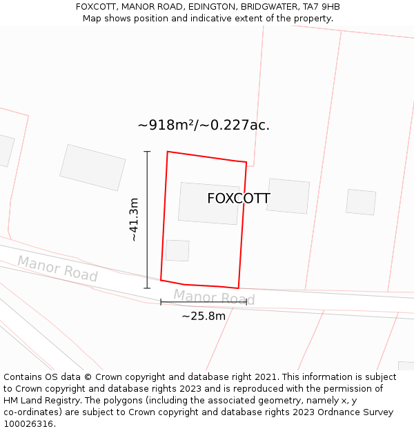 FOXCOTT, MANOR ROAD, EDINGTON, BRIDGWATER, TA7 9HB: Plot and title map