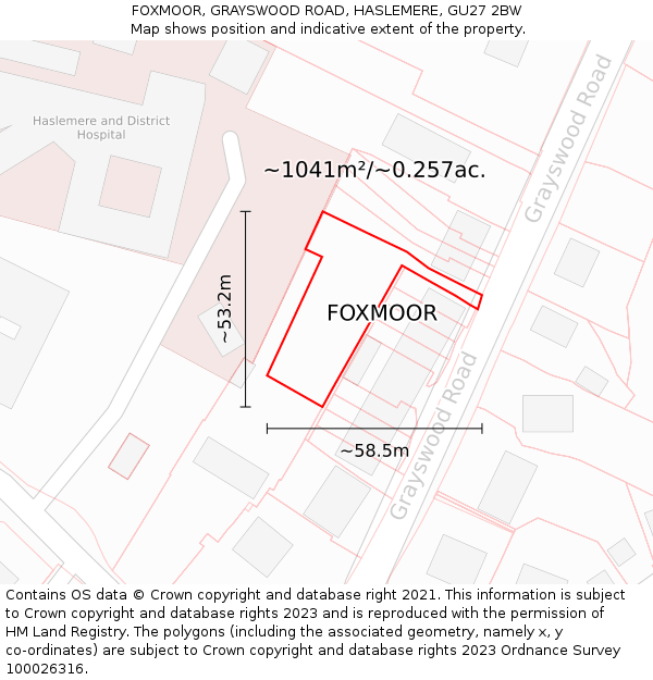 FOXMOOR, GRAYSWOOD ROAD, HASLEMERE, GU27 2BW: Plot and title map