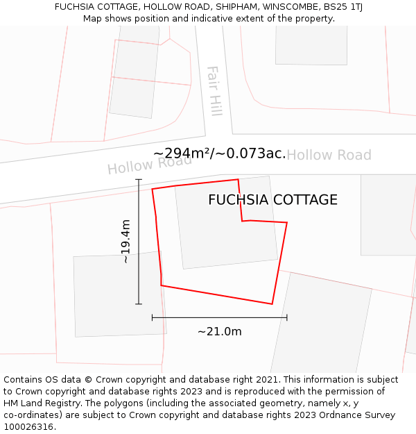 FUCHSIA COTTAGE, HOLLOW ROAD, SHIPHAM, WINSCOMBE, BS25 1TJ: Plot and title map