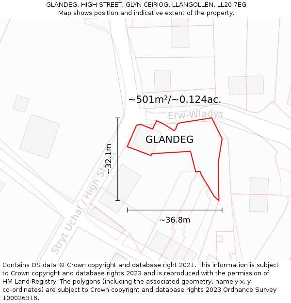 GLANDEG, HIGH STREET, GLYN CEIRIOG, LLANGOLLEN, LL20 7EG: Plot and title map