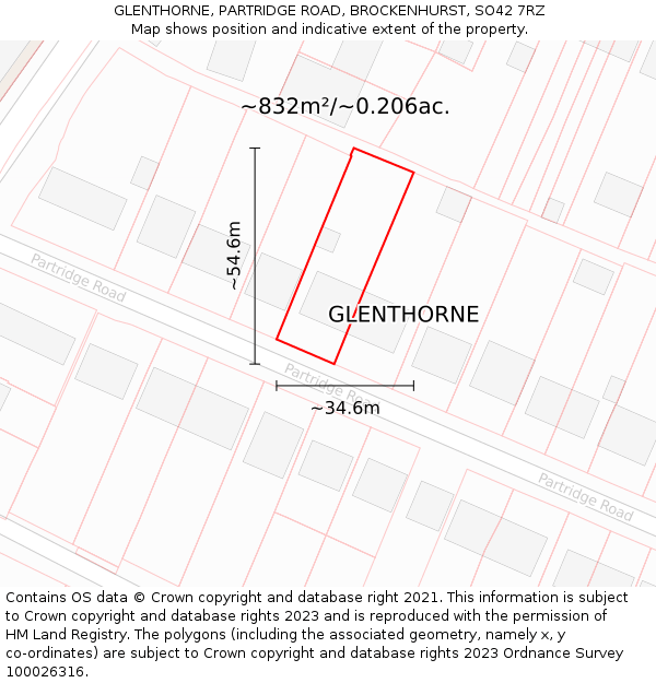 GLENTHORNE, PARTRIDGE ROAD, BROCKENHURST, SO42 7RZ: Plot and title map