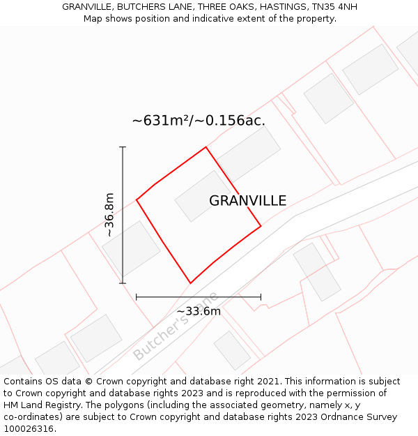 GRANVILLE, BUTCHERS LANE, THREE OAKS, HASTINGS, TN35 4NH: Plot and title map