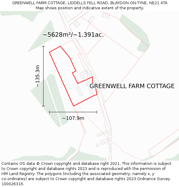 GREENWELL FARM COTTAGE, LIDDELLS FELL ROAD, BLAYDON-ON-TYNE, NE21 4TA: Plot and title map