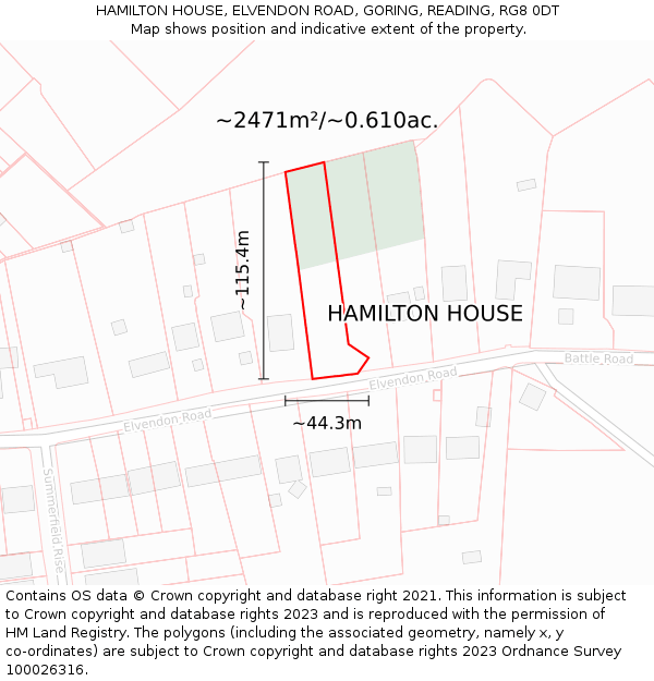 HAMILTON HOUSE, ELVENDON ROAD, GORING, READING, RG8 0DT: Plot and title map