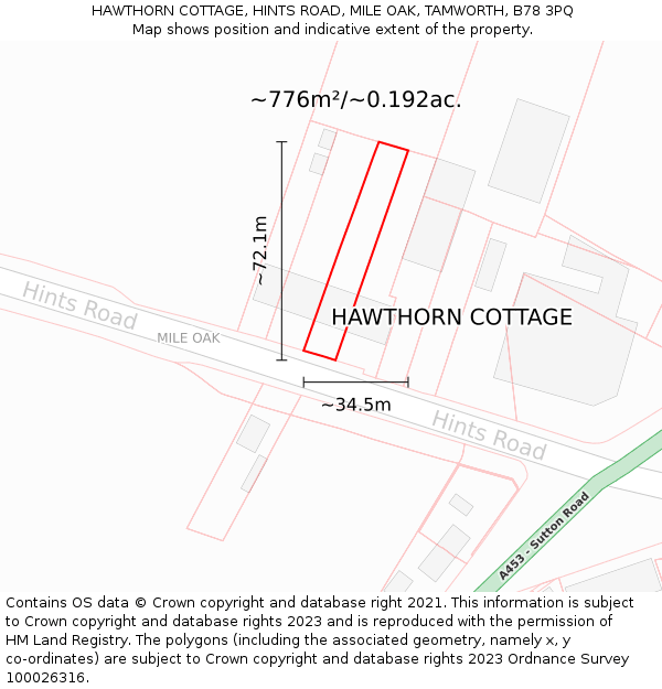 HAWTHORN COTTAGE, HINTS ROAD, MILE OAK, TAMWORTH, B78 3PQ: Plot and title map