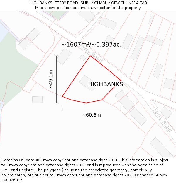 HIGHBANKS, FERRY ROAD, SURLINGHAM, NORWICH, NR14 7AR: Plot and title map