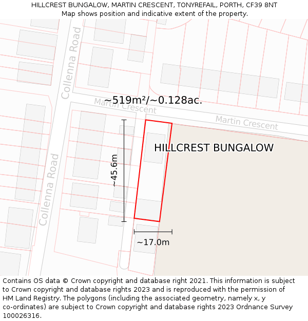 HILLCREST BUNGALOW, MARTIN CRESCENT, TONYREFAIL, PORTH, CF39 8NT: Plot and title map