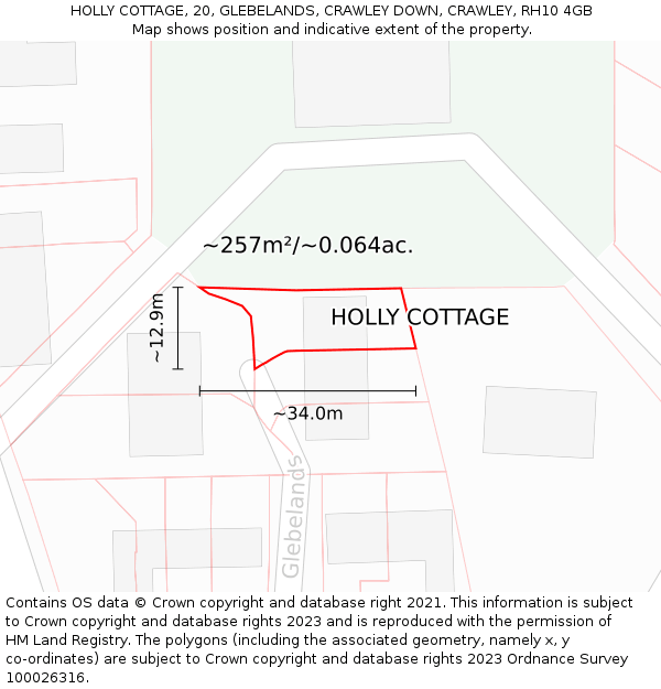 HOLLY COTTAGE, 20, GLEBELANDS, CRAWLEY DOWN, CRAWLEY, RH10 4GB: Plot and title map