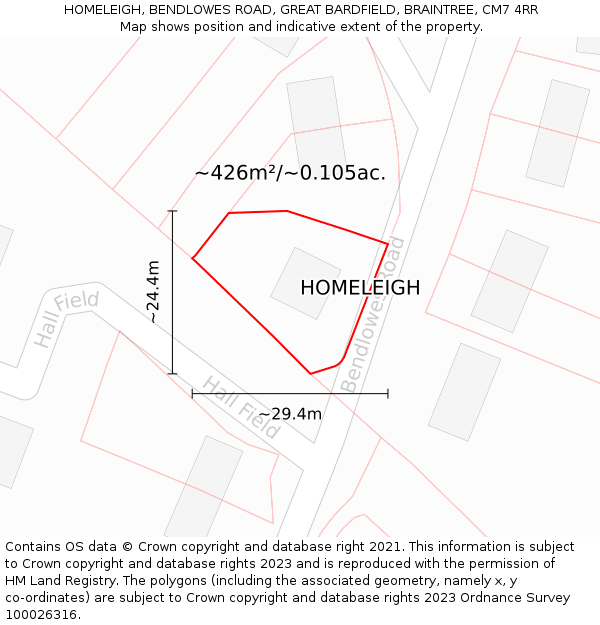 HOMELEIGH, BENDLOWES ROAD, GREAT BARDFIELD, BRAINTREE, CM7 4RR: Plot and title map