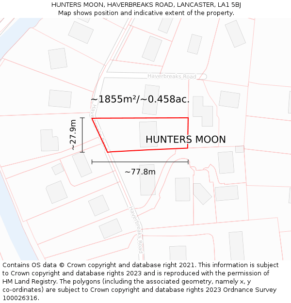 HUNTERS MOON, HAVERBREAKS ROAD, LANCASTER, LA1 5BJ: Plot and title map