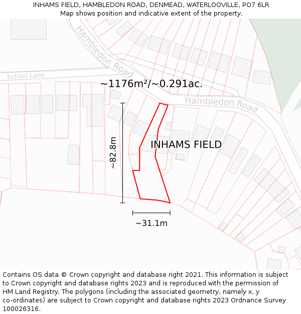 INHAMS FIELD, HAMBLEDON ROAD, DENMEAD, WATERLOOVILLE, PO7 6LR: Plot and title map