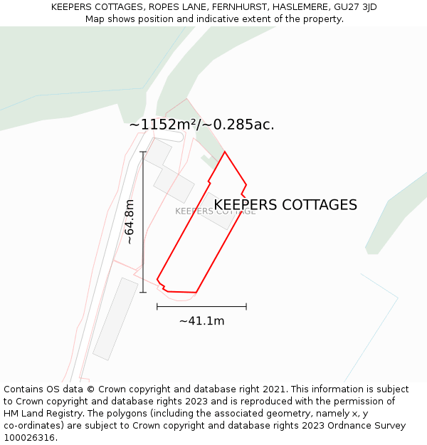 KEEPERS COTTAGES, ROPES LANE, FERNHURST, HASLEMERE, GU27 3JD: Plot and title map