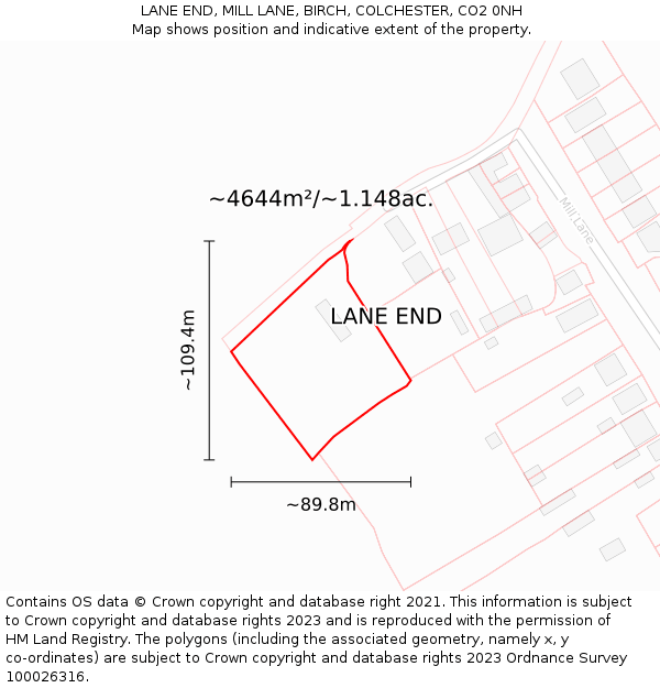 LANE END, MILL LANE, BIRCH, COLCHESTER, CO2 0NH: Plot and title map