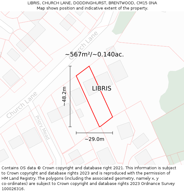 LIBRIS, CHURCH LANE, DODDINGHURST, BRENTWOOD, CM15 0NA: Plot and title map