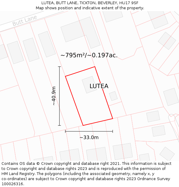 LUTEA, BUTT LANE, TICKTON, BEVERLEY, HU17 9SF: Plot and title map