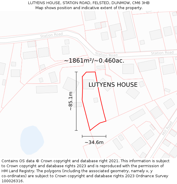 LUTYENS HOUSE, STATION ROAD, FELSTED, DUNMOW, CM6 3HB: Plot and title map