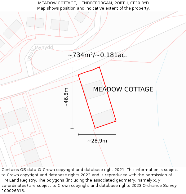 MEADOW COTTAGE, HENDREFORGAN, PORTH, CF39 8YB: Plot and title map