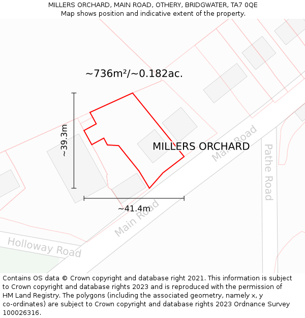 MILLERS ORCHARD, MAIN ROAD, OTHERY, BRIDGWATER, TA7 0QE: Plot and title map