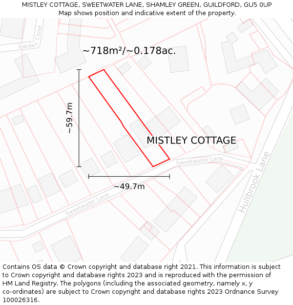 MISTLEY COTTAGE, SWEETWATER LANE, SHAMLEY GREEN, GUILDFORD, GU5 0UP: Plot and title map