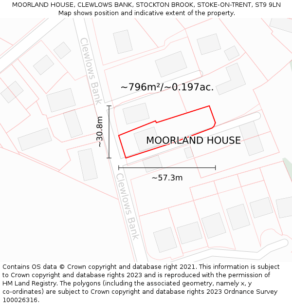 MOORLAND HOUSE, CLEWLOWS BANK, STOCKTON BROOK, STOKE-ON-TRENT, ST9 9LN: Plot and title map