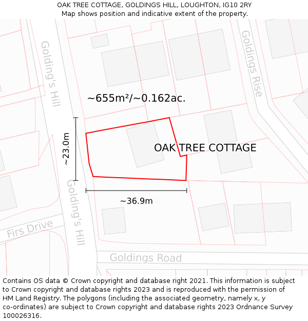 OAK TREE COTTAGE, GOLDINGS HILL, LOUGHTON, IG10 2RY: Plot and title map