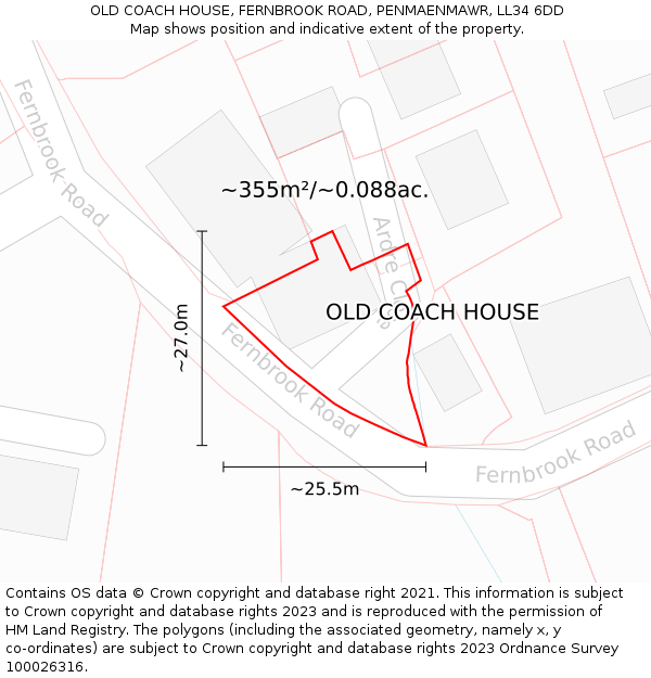 OLD COACH HOUSE, FERNBROOK ROAD, PENMAENMAWR, LL34 6DD: Plot and title map