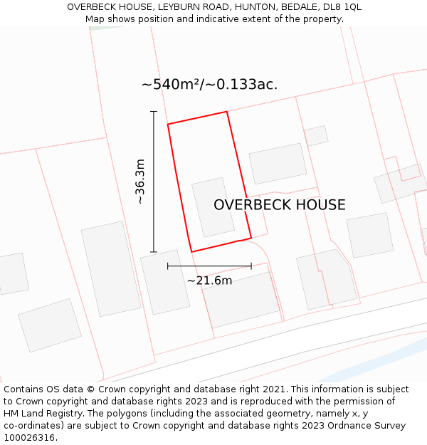 OVERBECK HOUSE, LEYBURN ROAD, HUNTON, BEDALE, DL8 1QL: Plot and title map