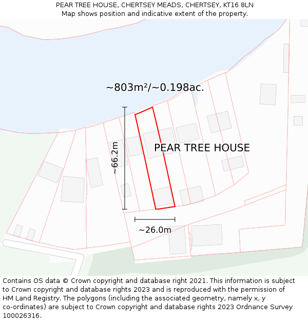 PEAR TREE HOUSE, CHERTSEY MEADS, CHERTSEY, KT16 8LN: Plot and title map