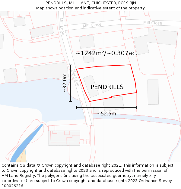 PENDRILLS, MILL LANE, CHICHESTER, PO19 3JN: Plot and title map