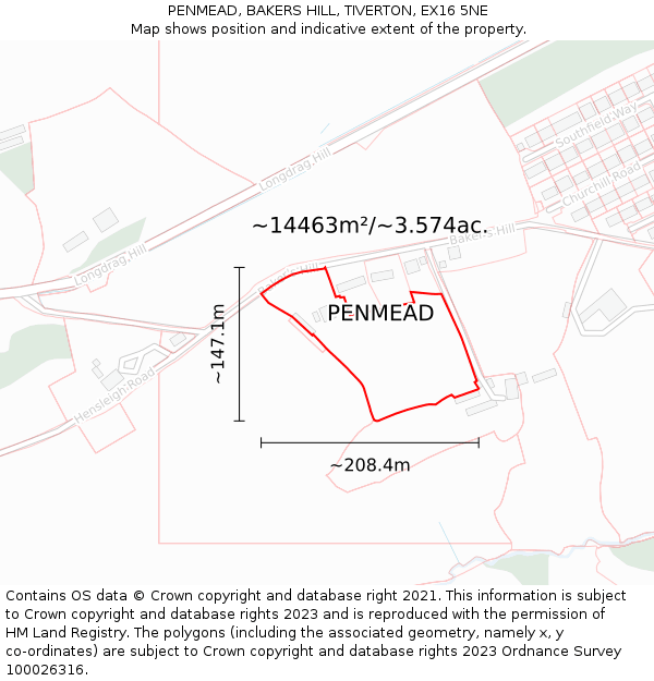 PENMEAD, BAKERS HILL, TIVERTON, EX16 5NE: Plot and title map