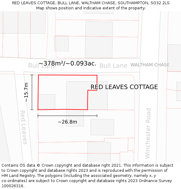 RED LEAVES COTTAGE, BULL LANE, WALTHAM CHASE, SOUTHAMPTON, SO32 2LS: Plot and title map