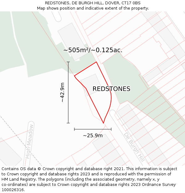 REDSTONES, DE BURGH HILL, DOVER, CT17 0BS: Plot and title map