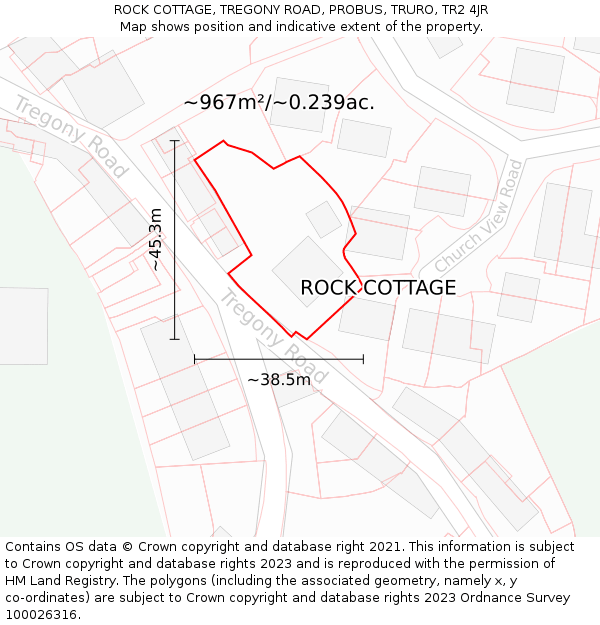 ROCK COTTAGE, TREGONY ROAD, PROBUS, TRURO, TR2 4JR: Plot and title map