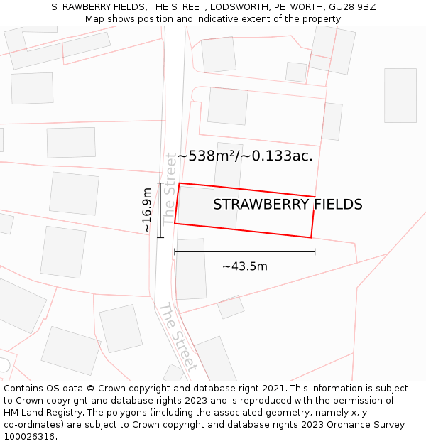 STRAWBERRY FIELDS, THE STREET, LODSWORTH, PETWORTH, GU28 9BZ: Plot and title map