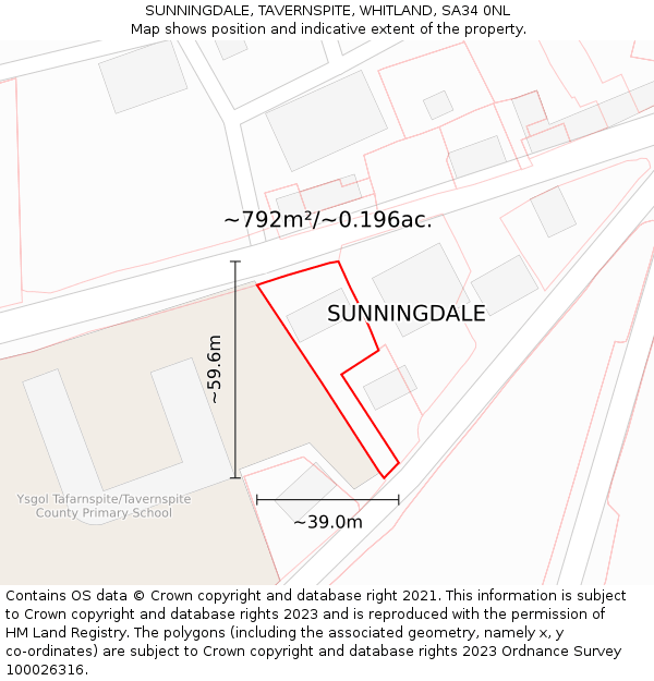 SUNNINGDALE, TAVERNSPITE, WHITLAND, SA34 0NL: Plot and title map