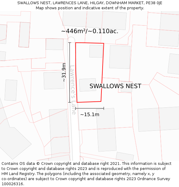 SWALLOWS NEST, LAWRENCES LANE, HILGAY, DOWNHAM MARKET, PE38 0JE: Plot and title map