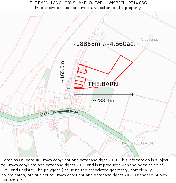 THE BARN, LANGHORNS LANE, OUTWELL, WISBECH, PE14 8SG: Plot and title map