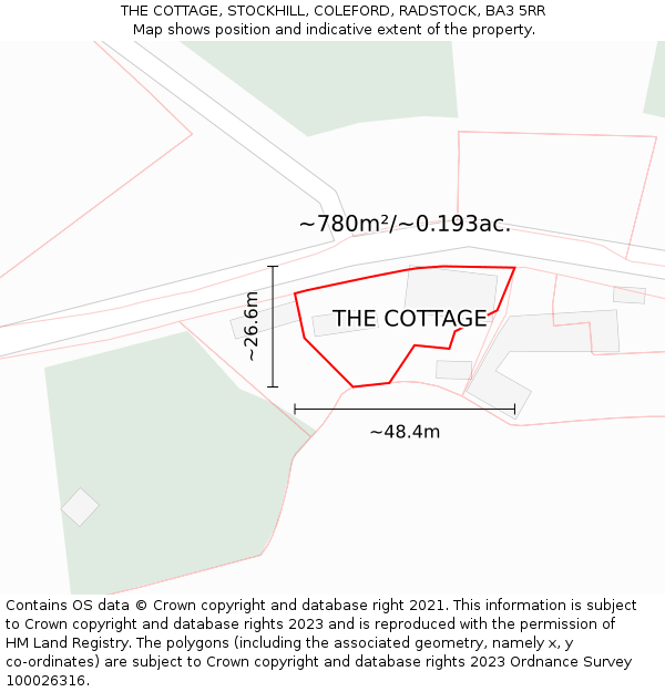 THE COTTAGE, STOCKHILL, COLEFORD, RADSTOCK, BA3 5RR: Plot and title map