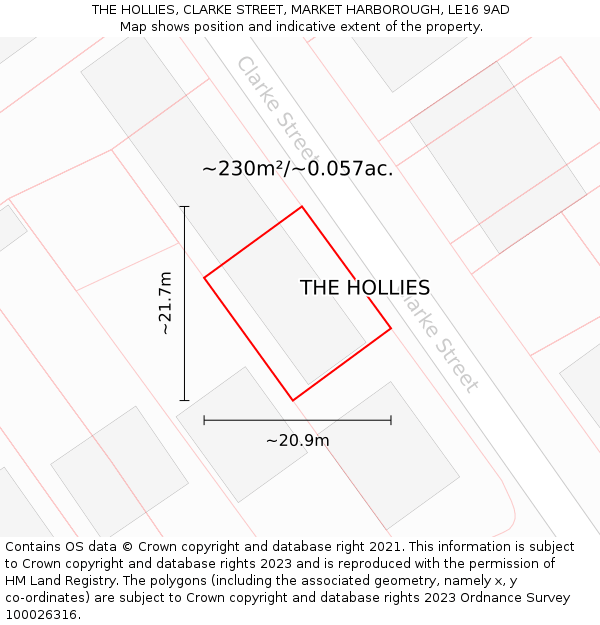 THE HOLLIES, CLARKE STREET, MARKET HARBOROUGH, LE16 9AD: Plot and title map