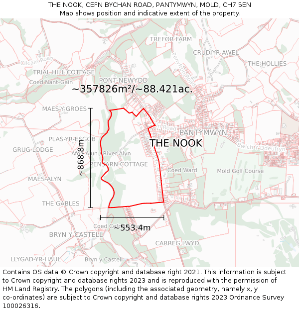 THE NOOK, CEFN BYCHAN ROAD, PANTYMWYN, MOLD, CH7 5EN: Plot and title map