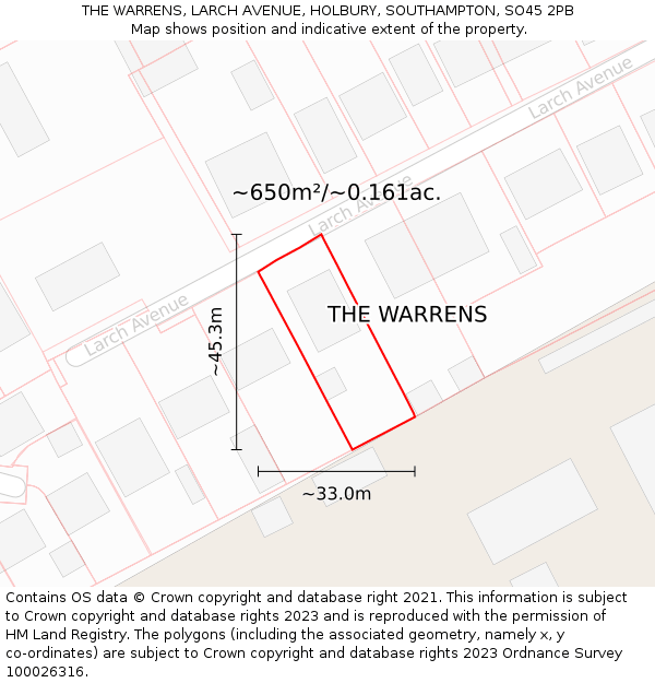 THE WARRENS, LARCH AVENUE, HOLBURY, SOUTHAMPTON, SO45 2PB: Plot and title map