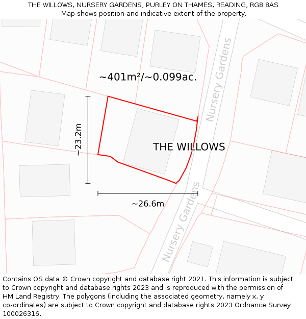 THE WILLOWS, NURSERY GARDENS, PURLEY ON THAMES, READING, RG8 8AS: Plot and title map