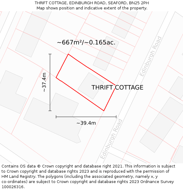 THRIFT COTTAGE, EDINBURGH ROAD, SEAFORD, BN25 2PH: Plot and title map