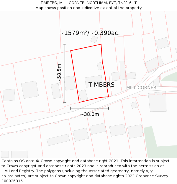 TIMBERS, MILL CORNER, NORTHIAM, RYE, TN31 6HT: Plot and title map