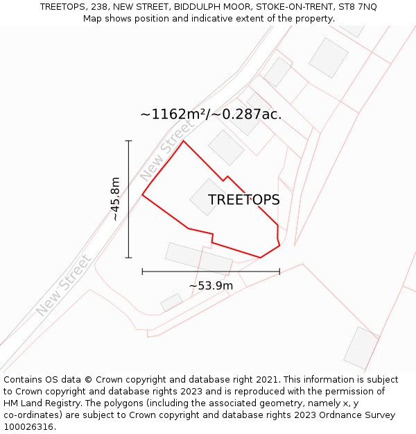 TREETOPS, 238, NEW STREET, BIDDULPH MOOR, STOKE-ON-TRENT, ST8 7NQ: Plot and title map