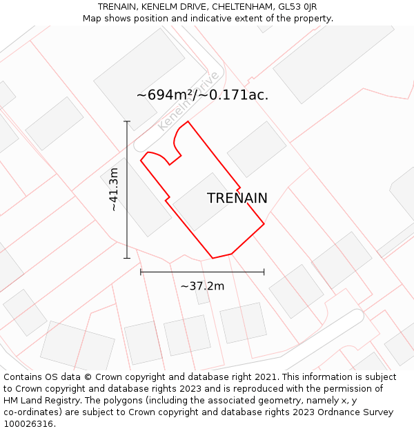 TRENAIN, KENELM DRIVE, CHELTENHAM, GL53 0JR: Plot and title map